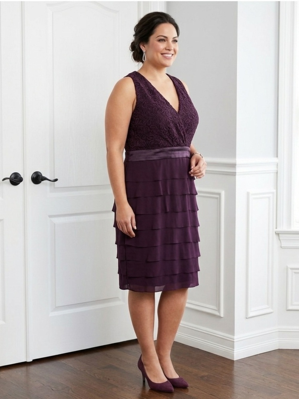 Jones Wear Plum Lace Bodice Tiered Chiffon Midi Dress